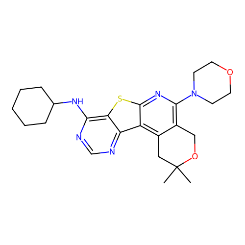 N-cyclohexyl-2,2-dimethyl-5-(morpholin-4-yl)-1,4-dihydro-2H-pyrano[4'',3'':4',5']pyrido[3',2':4,5]thieno[3,2-d]pyrimidin-8-amine structure