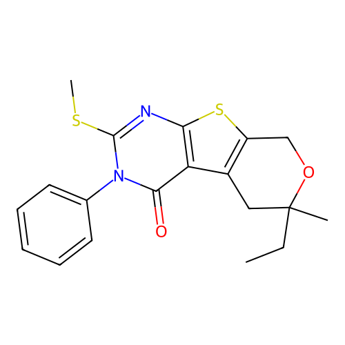 6-ethyl-6-methyl-2-(methylsulfanyl)-3-phenyl-3,5,6,8-tetrahydro-4H-pyrano[4',3':4,5]thieno[2,3-d]pyrimidin-4-one structure