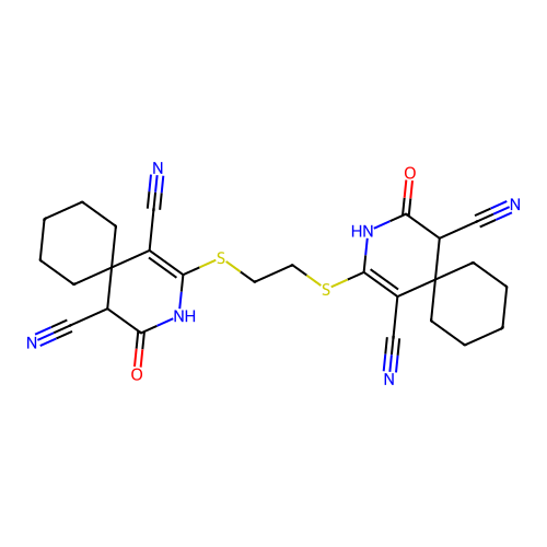 10-[2-[(7,11-dicyano-8-oxo-9-azaspiro[5.5]undec-10-en-10-yl)sulfanyl]ethylsulfanyl]-8-oxo-9-azaspiro[5.5]undec-10-ene-7,11-dicarbonitrile structure