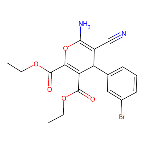 Diethyl 6-amino-4-(3-bromophenyl)-5-cyano-4H-pyran-2,3-dicarboxylate structure