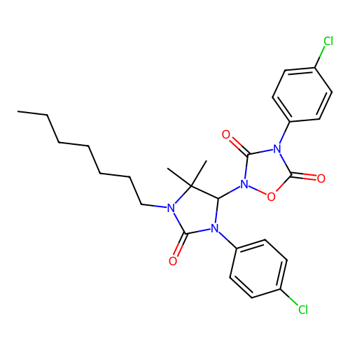 4-(4-chlorophenyl)-2-[3-(4-chlorophenyl)-1-heptyl-5,5-dimethyl-2-oxoimidazolidin-4-yl]-1,2,4-oxadiazolidine-3,5-dione structure