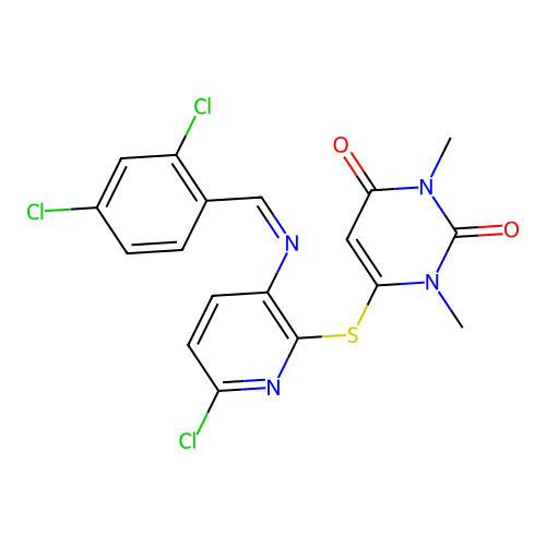 (E)-6-((6-chloro-3-((2,4-dichlorobenzylidene)amino)pyridin-2-yl)thio)-1,3-dimethylpyrimidine-2,4(1H,3H)-dione structure
