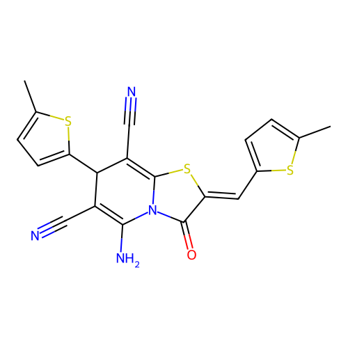(Z)-5-amino-7-(5-methylthiophen-2-yl)-2-((5-methylthiophen-2-yl)methylene)-3-oxo-3,7-dihydro-2H-thiazolo[3,2-a]pyridine-6,8-dicarbonitrile structure
