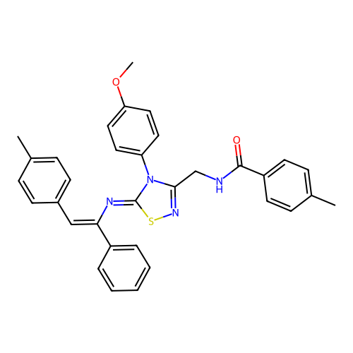 N-(((Z)-4-(4-methoxyphenyl)-5-(((Z)-1-phenyl-2-(p-tolyl)vinyl)imino)-4,5-dihydro-1,2,4-thiadiazol-3-yl)methyl)-4-methylbenzamide structure