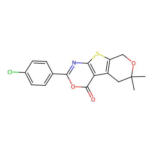 2-(4-chlorophenyl)-6,6-dimethyl-5,8-dihydro-4H,6H-pyrano[4',3':4,5]thieno[2,3-d][1,3]oxazin-4-one structure