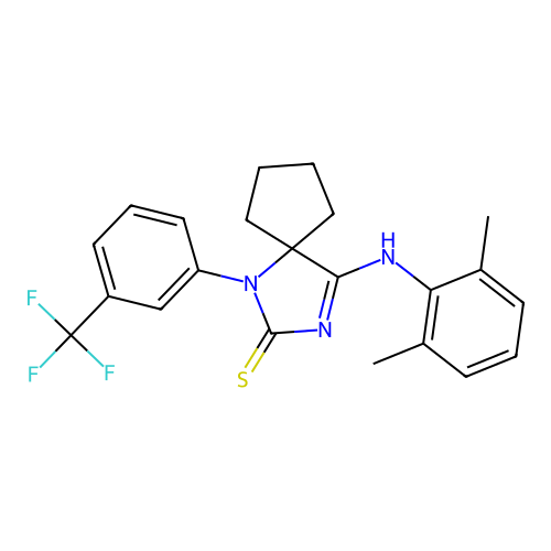 (Z)-4-((2,6-dimethylphenyl)imino)-1-(3-(trifluoromethyl)phenyl)-1,3-diazaspiro[4.4]nonane-2-thione structure
