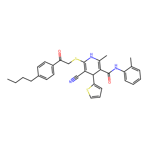 6-((2-(4-butylphenyl)-2-oxoethyl)thio)-5-cyano-2-methyl-4-(thiophen-2-yl)-N-(o-tolyl)-1,4-dihydropyridine-3-carboxamide structure