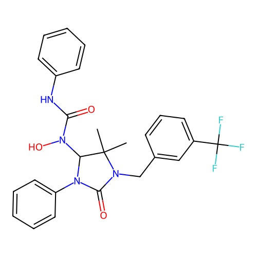 1-(5,5-dimethyl-2-oxo-3-phenyl-1-(3-(trifluoromethyl)benzyl)imidazolidin-4-yl)-1-hydroxy-3-phenylurea structure
