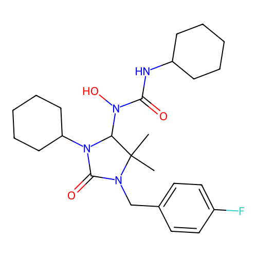 3-cyclohexyl-1-(3-cyclohexyl-1-(4-fluorobenzyl)-5,5-dimethyl-2-oxoimidazolidin-4-yl)-1-hydroxyurea structure