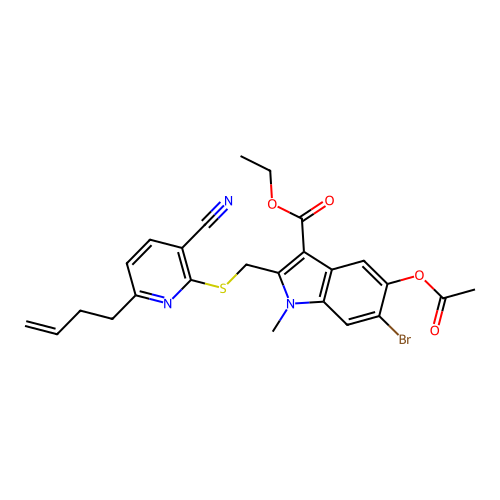 ethyl 5-acetyloxy-6-bromo-2-[(6-but-3-enyl-3-cyanopyridin-2-yl)sulfanylmethyl]-1-methylindole-3-carboxylate structure