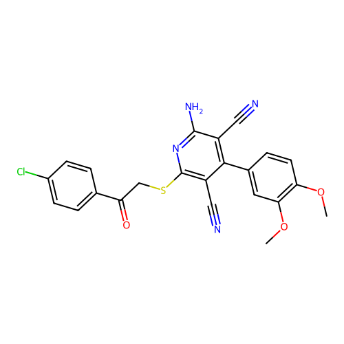 2-amino-6-((2-(4-chlorophenyl)-2-oxoethyl)thio)-4-(3,4-dimethoxyphenyl)pyridine-3,5-dicarbonitrile structure