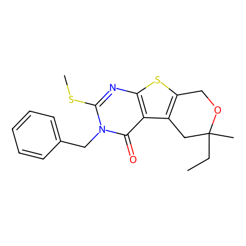3-benzyl-6-ethyl-6-methyl-2-(methylsulfanyl)-3,5,6,8-tetrahydro-4H-pyrano[4',3':4,5]thieno[2,3-d]pyrimidin-4-one structure