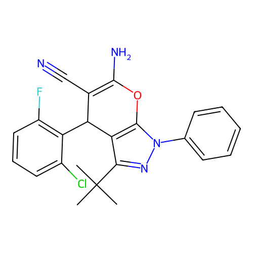 6-amino-3-(tert-butyl)-4-(2-chloro-6-fluorophenyl)-1-phenyl-1,4-dihydropyrano[2,3-c]pyrazole-5-carbonitrile structure