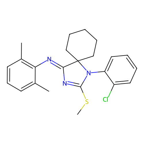 (Z)-N-(1-(2-chlorophenyl)-2-(methylthio)-1,3-diazaspiro[4.5]dec-2-en-4-ylidene)-2,6-dimethylaniline structure