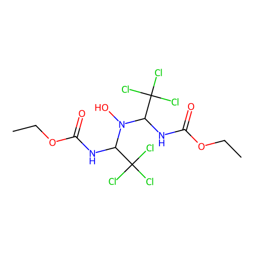 Diethyl ((hydroxyazanediyl)bis(2,2,2-trichloroethane-1,1-diyl))dicarbamate structure