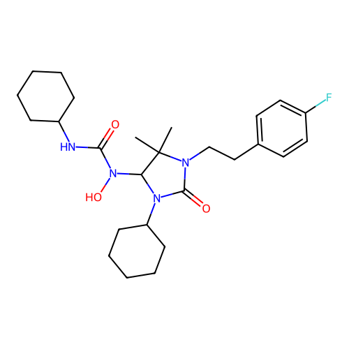 3-cyclohexyl-1-(3-cyclohexyl-1-(4-fluorophenethyl)-5,5-dimethyl-2-oxoimidazolidin-4-yl)-1-hydroxyurea structure