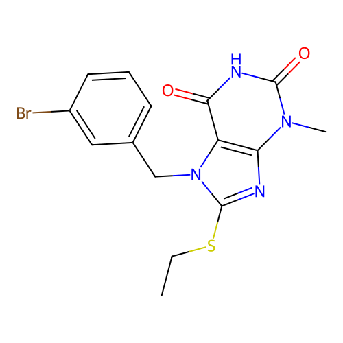7-(3-bromobenzyl)-8-(ethylsulfanyl)-3-methyl-3,7-dihydro-1H-purine-2,6-dione structure
