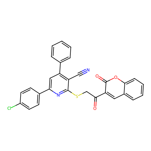 6-(4-chlorophenyl)-2-((2-oxo-2-(2-oxo-2H-chromen-3-yl)ethyl)thio)-4-phenylnicotinonitrile structure