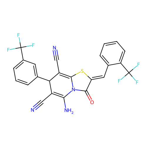 (2Z)-5-amino-3-oxo-2-[2-(trifluoromethyl)benzylidene]-7-[3-(trifluoromethyl)phenyl]-2,3-dihydro-7H-[1,3]thiazolo[3,2-a]pyridine-6,8-dicarbonitrile structure