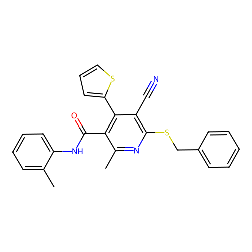 6-(benzylthio)-5-cyano-2-methyl-4-(thiophen-2-yl)-N-(o-tolyl)nicotinamide structure