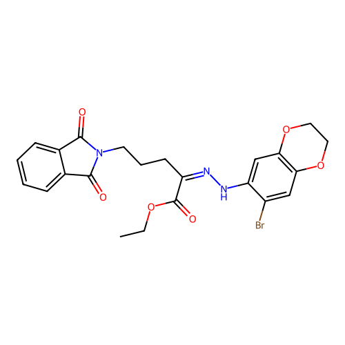 ethyl 2-(2-(7-bromo-2,3-dihydrobenzo[b][1,4]dioxin-6-yl)hydrazono)-5-(1,3-dioxoisoindolin-2-yl)pentanoate structure