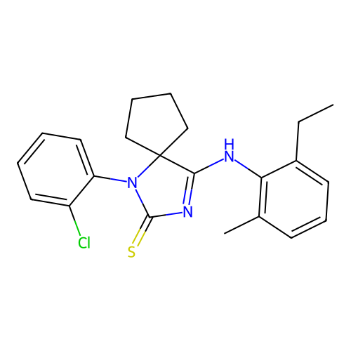 (Z)-1-(2-chlorophenyl)-4-((2-ethyl-6-methylphenyl)imino)-1,3-diazaspiro[4.4]nonane-2-thione structure