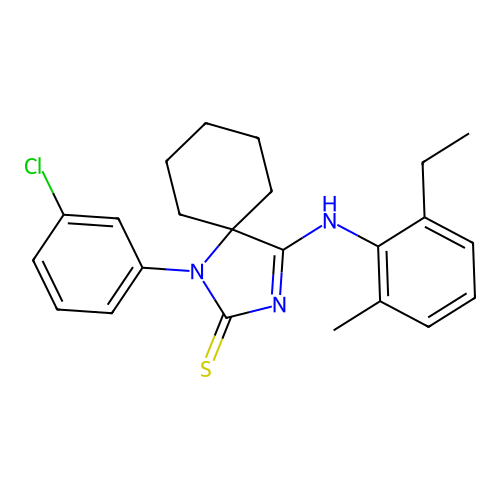 (Z)-1-(3-chlorophenyl)-4-((2-ethyl-6-methylphenyl)imino)-1,3-diazaspiro[4.5]decane-2-thione structure