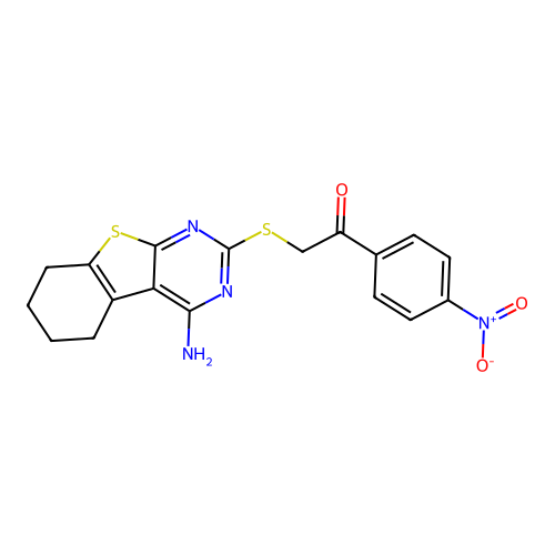 2-[(4-amino-5,6,7,8-tetrahydro[1]benzothieno[2,3-d]pyrimidin-2-yl)sulfanyl]-1-(4-nitrophenyl)ethanone structure