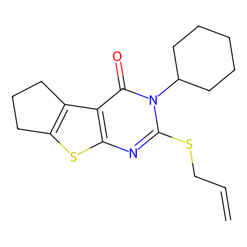 3-cyclohexyl-2-(prop-2-en-1-ylsulfanyl)-3,5,6,7-tetrahydro-4H-cyclopenta[4,5]thieno[2,3-d]pyrimidin-4-one structure
