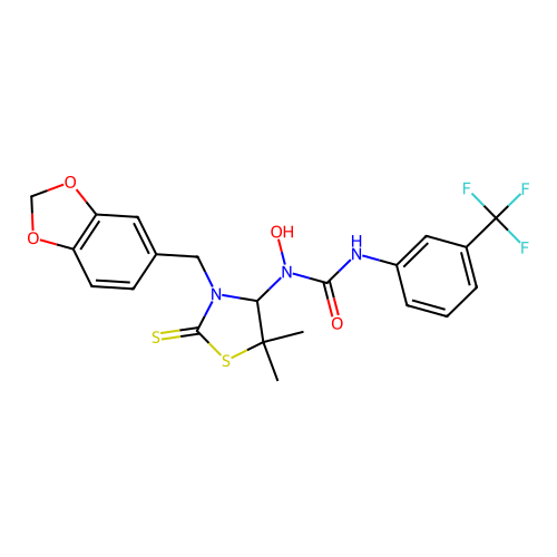 1-(3-(benzo[d][1,3]dioxol-5-ylmethyl)-5,5-dimethyl-2-thioxothiazolidin-4-yl)-1-hydroxy-3-(3-(trifluoromethyl)phenyl)urea structure