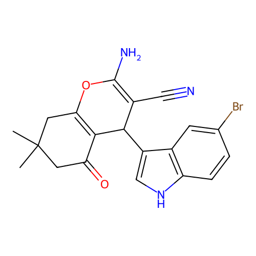 2-amino-4-(5-bromo-1H-indol-3-yl)-7,7-dimethyl-5-oxo-5,6,7,8-tetrahydro-4H-chromene-3-carbonitrile structure