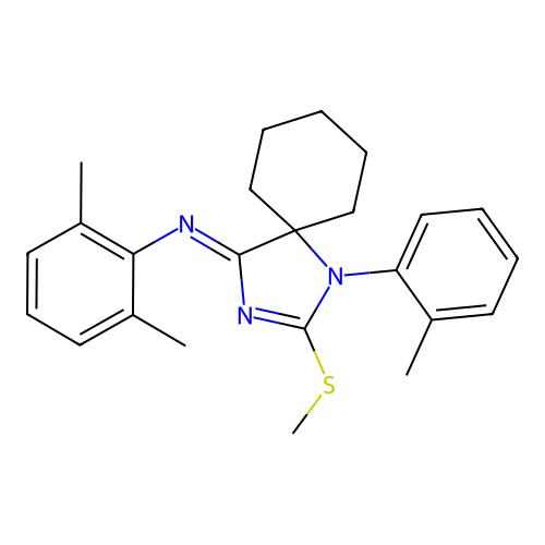 (Z)-2,6-dimethyl-N-(2-(methylthio)-1-(o-tolyl)-1,3-diazaspiro[4.5]dec-2-en-4-ylidene)aniline structure