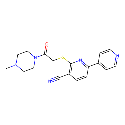 2-[2-(4-methylpiperazin-1-yl)-2-oxoethyl]sulfanyl-6-pyridin-4-ylpyridine-3-carbonitrile structure