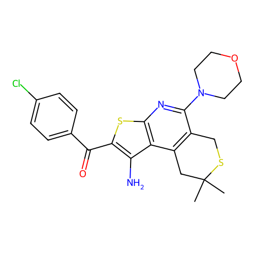 (1-amino-8,8-dimethyl-5-morpholino-8,9-dihydro-6H-thieno[2,3-b]thiopyrano[4,3-d]pyridin-2-yl)(4-chlorophenyl)methanone structure