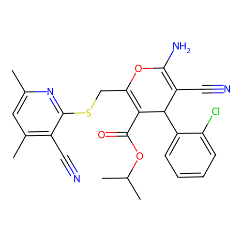 isopropyl 6-amino-4-(2-chlorophenyl)-5-cyano-2-(((3-cyano-4,6-dimethylpyridin-2-yl)thio)methyl)-4H-pyran-3-carboxylate structure
