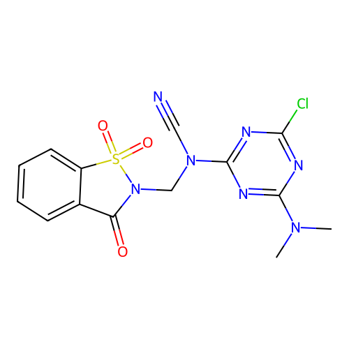 [4-chloro-6-(dimethylamino)-1,3,5-triazin-2-yl]-[(1,1,3-trioxo-1,2-benzothiazol-2-yl)methyl]cyanamide structure
