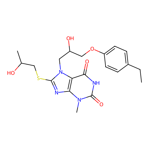 7-(3-(4-ethylphenoxy)-2-hydroxypropyl)-8-((2-hydroxypropyl)thio)-3-methyl-1H-purine-2,6(3H,7H)-dione structure