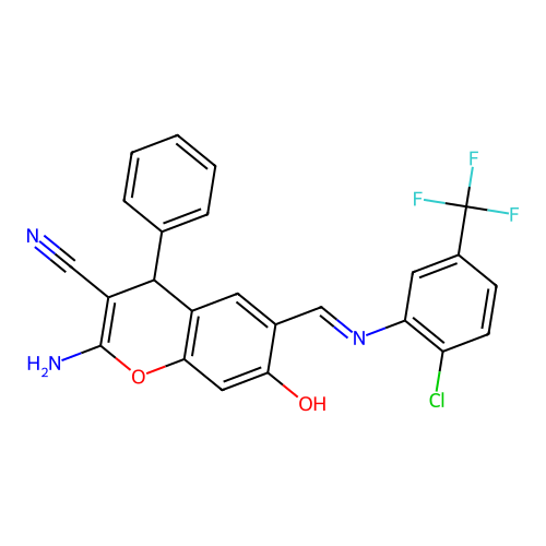 (6Z)-2-amino-6-[[2-chloro-5-(trifluoromethyl)anilino]methylidene]-7-oxo-4-phenyl-4H-chromene-3-carbonitrile structure