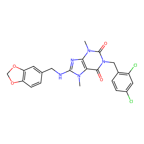 8-((benzo[d][1,3]dioxol-5-ylmethyl)amino)-1-(2,4-dichlorobenzyl)-3,7-dimethyl-1H-purine-2,6(3H,7H)-dione structure