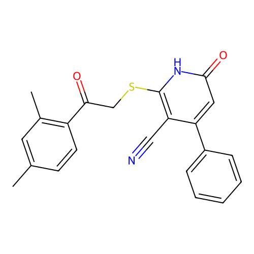 2-((2-(2,4-dimethylphenyl)-2-oxoethyl)thio)-6-hydroxy-4-phenylnicotinonitrile structure