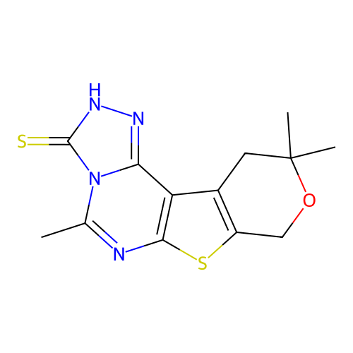 5,10,10-trimethyl-10,11-dihydro-8H-pyrano[4',3':4,5]thieno[3,2-e][1,2,4]triazolo[4,3-c]pyrimidine-3(2H)-thione structure