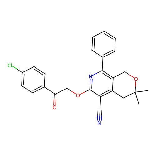 6-(2-(4-chlorophenyl)-2-oxoethoxy)-3,3-dimethyl-8-phenyl-3,4-dihydro-1H-pyrano[3,4-c]pyridine-5-carbonitrile structure