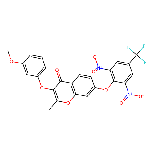 7-[2,6-dinitro-4-(trifluoromethyl)phenoxy]-3-(3-methoxyphenoxy)-2-methyl-4H-chromen-4-one structure