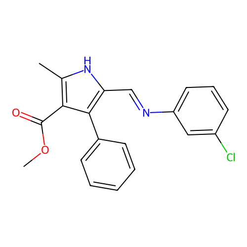 (E)-methyl 5-(((3-chlorophenyl)imino)methyl)-2-methyl-4-phenyl-1H-pyrrole-3-carboxylate structure