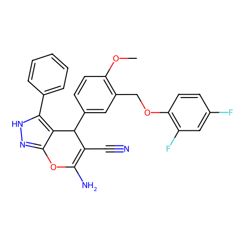 6-amino-4-{3-[(2,4-difluorophenoxy)methyl]-4-methoxyphenyl}-3-phenyl-2,4-dihydropyrano[2,3-c]pyrazole-5-carbonitrile structure
