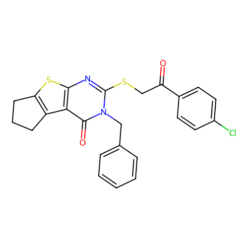 3-benzyl-2-{[2-(4-chlorophenyl)-2-oxoethyl]sulfanyl}-3,5,6,7-tetrahydro-4H-cyclopenta[4,5]thieno[2,3-d]pyrimidin-4-one structure
