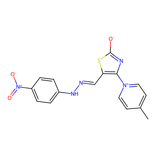 (E)-4-(4-methylpyridin-1-ium-1-yl)-5-((2-(4-nitrophenyl)hydrazono)methyl)thiazol-2-olate structure