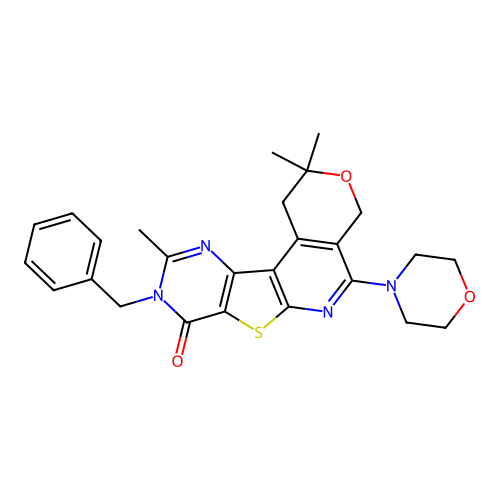2,10,10-trimethyl-7-morpholin-4-yl-3-benzyl-3,10,11-trihydro-8H-pyrano[4'',3'' -4',5']pyridino[3',2'-4,5]thiopheno[3,2-d]pyrimidin-4-one structure