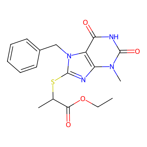ethyl 2-((7-benzyl-3-methyl-2,6-dioxo-2,3,6,7-tetrahydro-1H-purin-8-yl)thio)propanoate structure