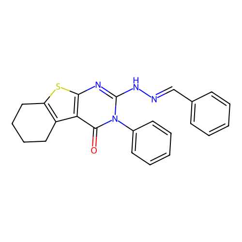 2-(2-benzylidenehydrazinyl)-3-phenyl-5,6,7,8-tetrahydro-[1]benzothiolo[2,3-d]pyrimidin-4-one structure